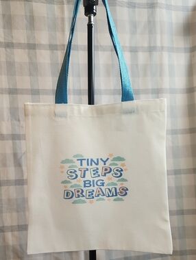 Canvas Tote Bag with Blue Handles - Tiny Steps Big Dreams
